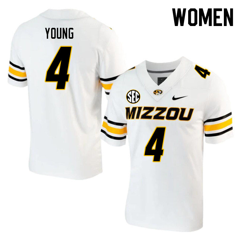 Women #4 Elijah Young Missouri Tigers College 2023 Football Stitched Jerseys Sale-White - Click Image to Close